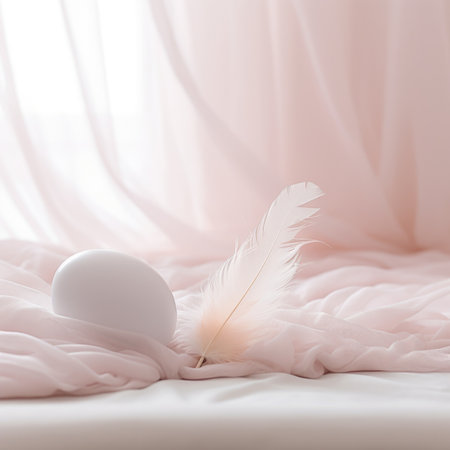 A white egg on a bed with pink curtains, AIの素材
