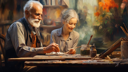 An elderly couple painting in a studio, AIの素材
