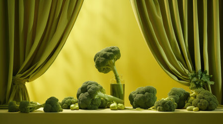 A green curtain and some broccoli in front of it, AIの素材