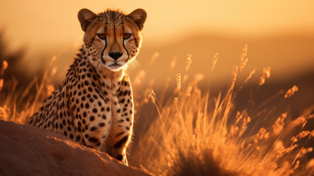 A cheetah is sitting on the ground in front of a sunset, AIの素材