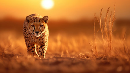A cheetah is walking through a field at sunset, AIの素材