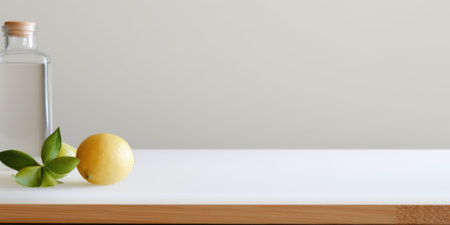 A bottle of lemon oil and lemons on a table, AIの素材