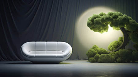 A white couch and a tree in front of it, AIの素材