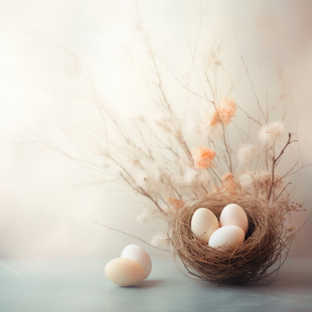 Easter eggs in a nest with cotton and flowers, AIの素材