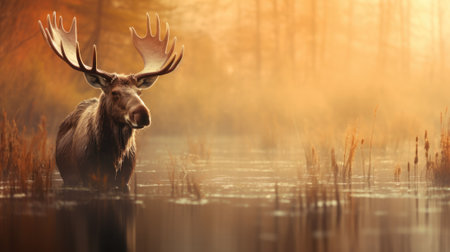 Moose in the swamp at sunset, AIの素材