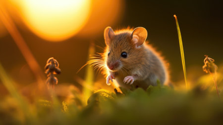 A mouse is standing in the grass at sunset, AIの素材