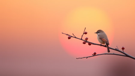 A bird sits on a branch with berries at sunset, AIの素材