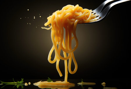 Spaghetti on fork with cheese and herbs, AIの素材