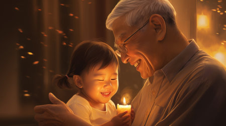 An older man holding a child while lighting candles, AIの素材