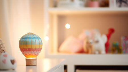 A colorful hot air balloon lamp on a table, AIの素材