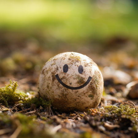A smiley face is on a ball in the grass, AIの素材
