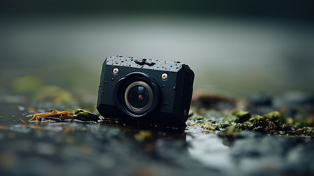 A camera sitting on the ground in a wet area, AIの素材
