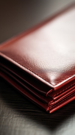 A red leather wallet sitting on a wooden table, AIの素材