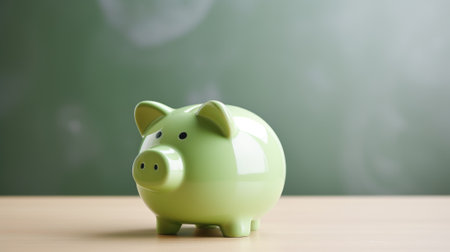 Green piggy bank on wooden table in front of blackboard, AIの素材
