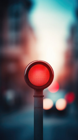 A red traffic light on a street with blurred cars, AIの素材