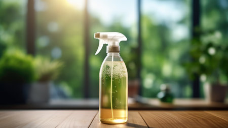 A bottle of liquid cleaner on a wooden table, AIの素材