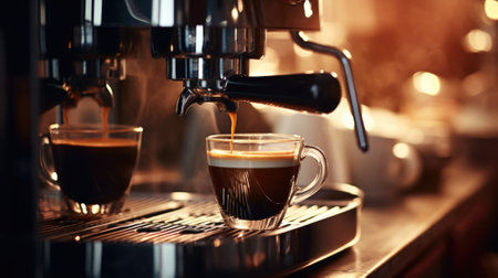 Coffee machine in the cafe with a cup of coffee, AIの素材