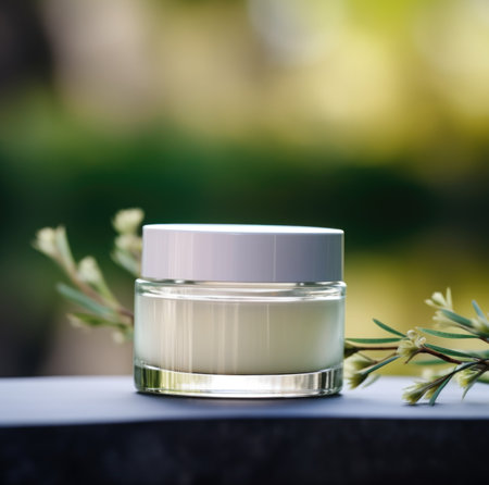A jar of cream sitting on a table with green leaves, AIの素材