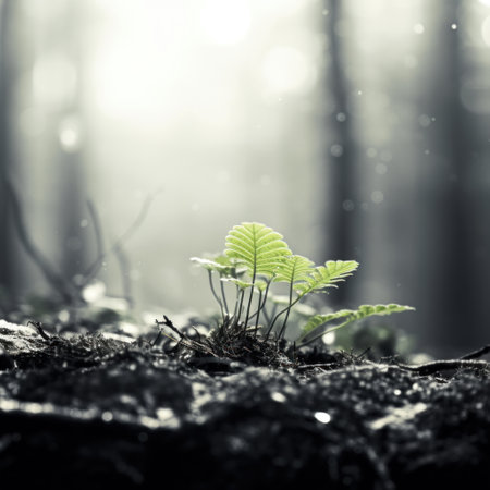 A small plant growing in the middle of a forest, AIの素材