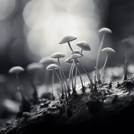 Black and white photograph of mushrooms on a rock, AIの素材