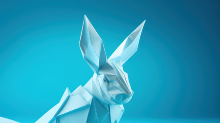 A rabbit made from paper is sitting on a blue background, AI. Paper crafted origamiの素材