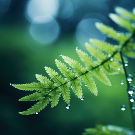 A fern leaf with water droplets on it, AIの素材