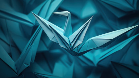 Origami crane in blue background, AI. Paper crafted origamiの素材