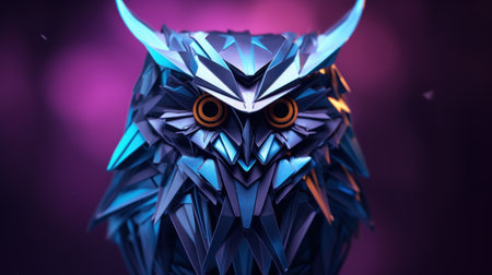 An owl with a purple background and dark blue eyes, AI. Paper crafted origamiの素材