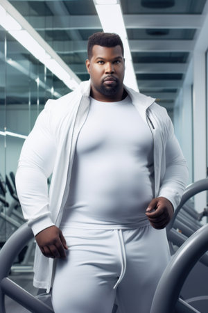 Fat man in white suit standing on exercise machine, AIの素材