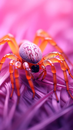 An orange spider sitting on top of a purple background, AIの素材