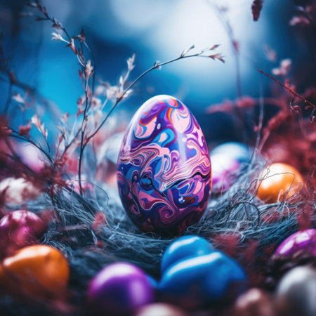An easter egg with colorful designs is sitting on top of some flowers, AIの素材