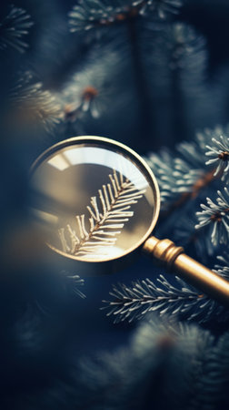 A magnifying glass is on top of a pine branch, AIの素材