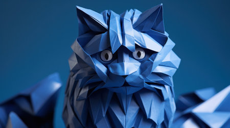 Blue origami cat statue on a blue background, AIの素材