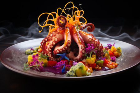 An octopus is sitting on a plate with vegetables, AIの素材