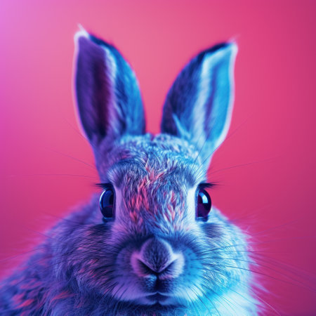 A rabbit is sitting in front of a pink and blue background, AIの素材