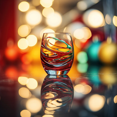 A glass of wine sitting on a table with christmas lights behind it, AIの素材