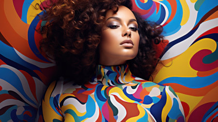 A woman with curly hair and colorful clothes is posing, AIの素材