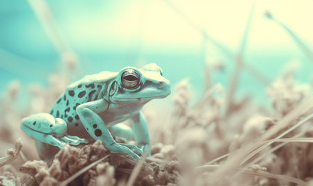 A frog sitting on top of a grassy field, AIの素材