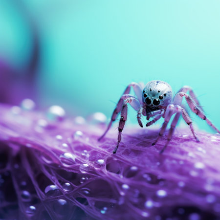 A spider sits on a purple flower with water droplets, AIの素材