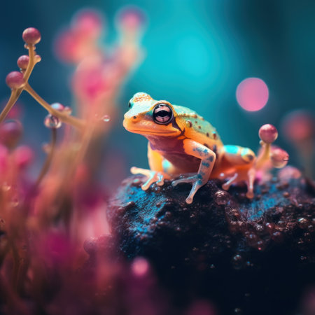 A frog is sitting on top of a rock in front of pink flowers, AIの素材