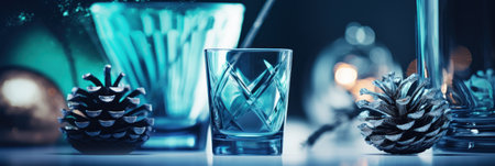 A glass with a candle and some pine cones, AIの素材