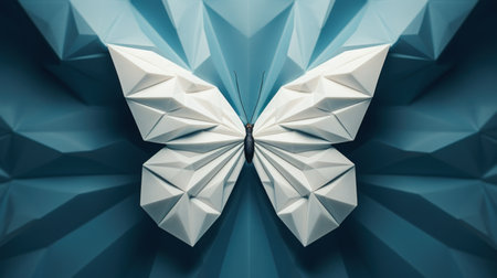 A white origami butterfly is shown on a blue background, AIの素材