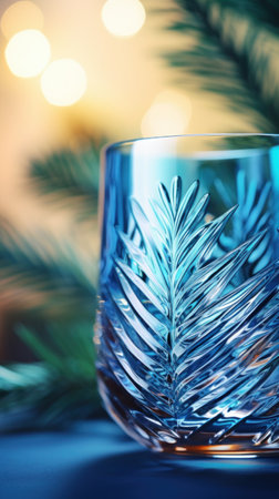 A glass with a blue background and pine tree branches, AIの素材