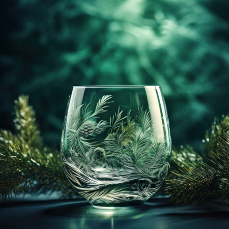 A glass with ice and a green branch, AIの素材