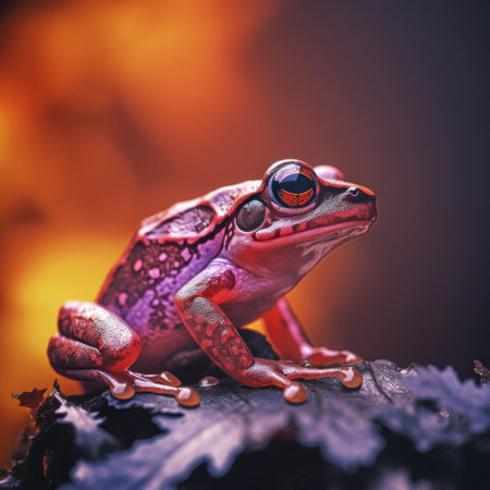 A red and purple frog sitting on a branch, AIの素材