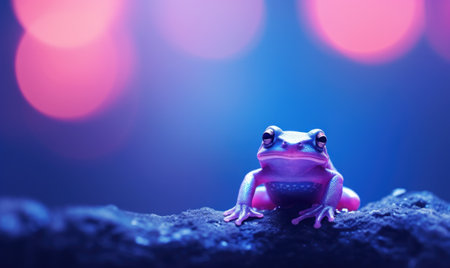 A purple frog sitting on a rock in front of pink lights, AIの素材