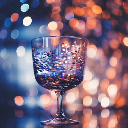 A glass of wine sitting on a table with lights behind it, AIの素材
