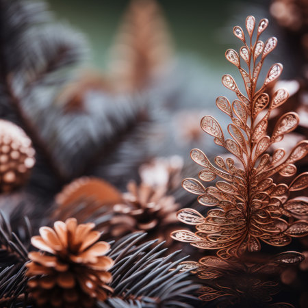 A close up of a pine tree with some brown decorations, AIの素材