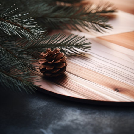 Pine cone and pine branch on a wooden tray, AIの素材
