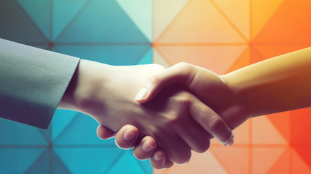 Two business people shaking hands over a colorful background, AIの素材